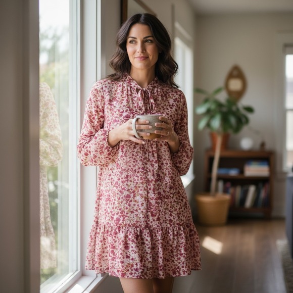J. Crew Dresses & Skirts - J. Crew Pink Floral Print Long Sleeve Tie Neck Tiered Dress Women's Size M